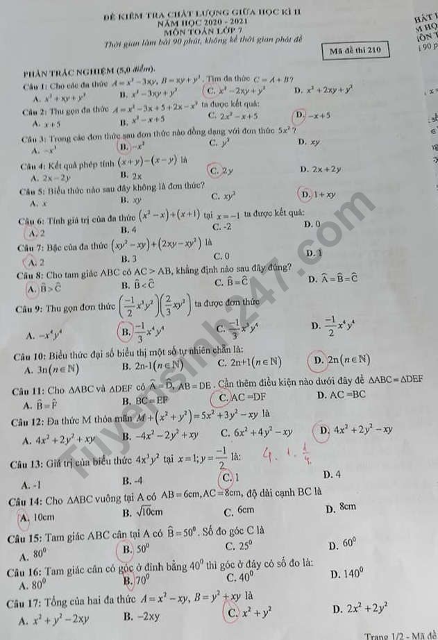 Đề thi giữa kì 2 lớp 7 môn Toán 2021 - Phòng GD Hiệp Hòa