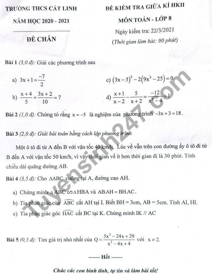 Đề thi giữa kì 2 năm 2021 lớp 8 môn Toán - THCS Cát Linh