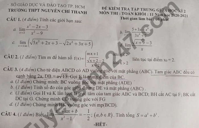 Đề thi giữa học kì 2 môn Toán lớp 11 THPT Nguyễn Chí Thanh 2021