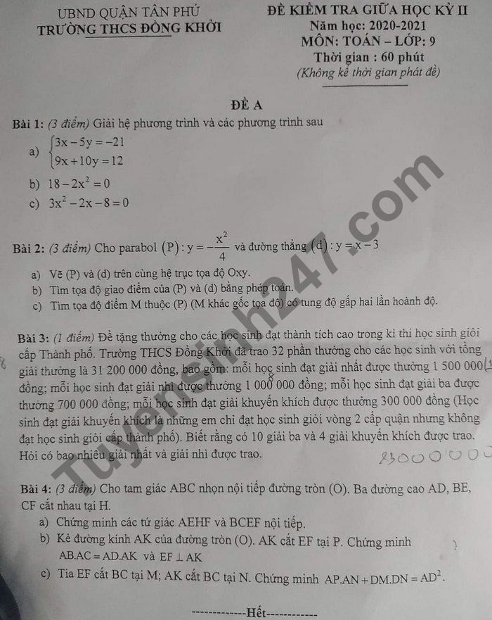 Đề thi giữa kì 2 lớp 9 môn Toán năm 2021 - THCS Đồng Khởi