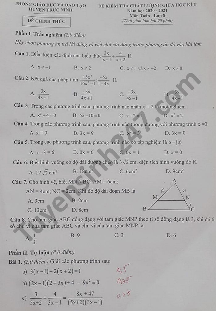 Đề thi giữa kì 2 Phòng GD Trực Ninh môn Toán lớp 8 năm 2021 