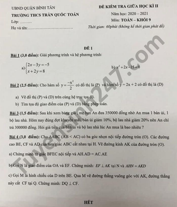 Đề kiểm tra giữa kì 2 năm 2021 Toán lớp 9 THCS Trần Quốc Toản