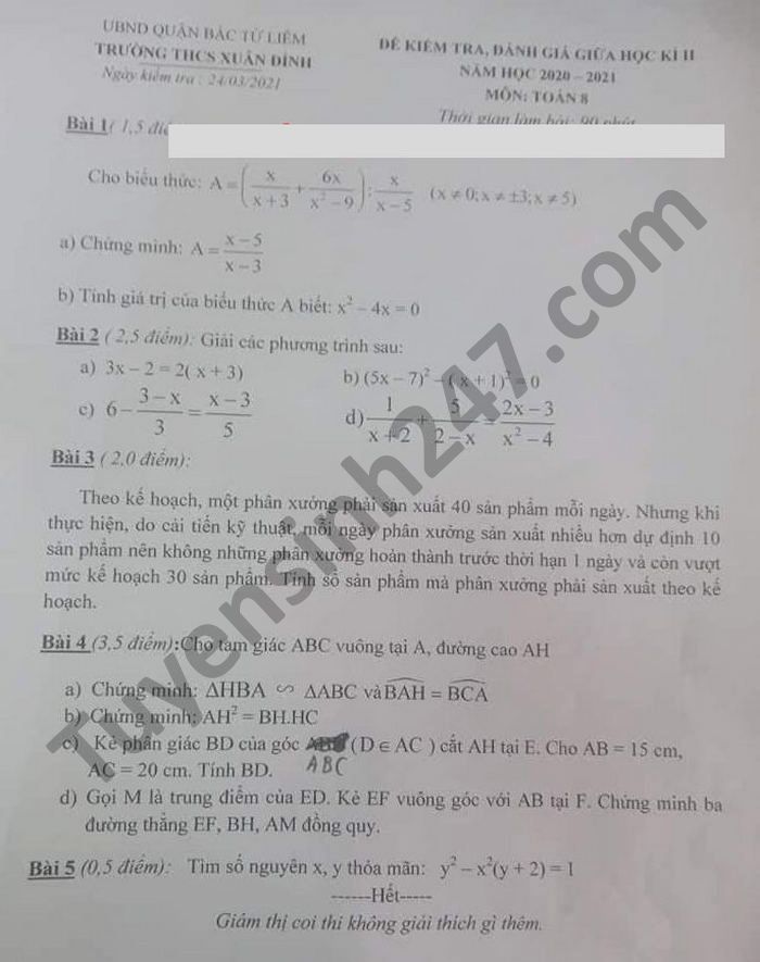 Đề thi giữa kì 2 môn Toán lớp 8 năm 2021 THCS Xuân Đỉnh 