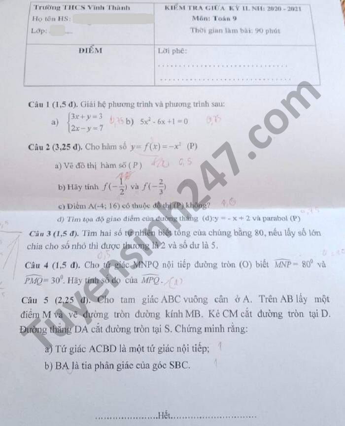 Đề thi giữa kì 2 môn Toán lớp 9 năm 2021 THCS Vĩnh Thành