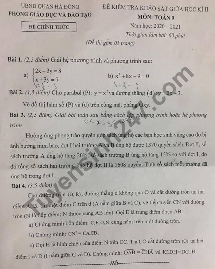 Đề thi giữa kì 2 môn Toán năm 2021 lớp 9 - Quận Hà Đông