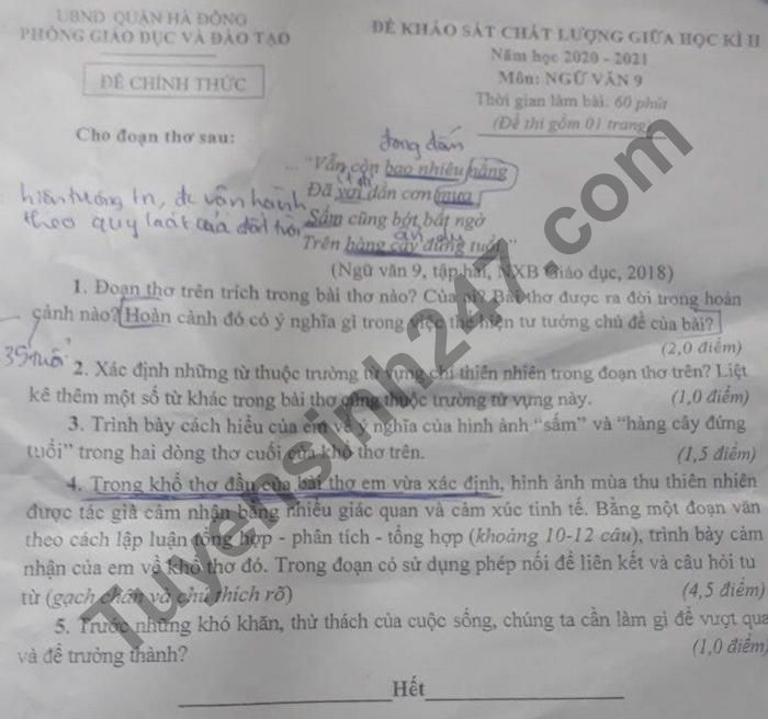 Đề thi giữa kì 2 năm 2021 Quận Hà Đông môn Văn lớp 9
