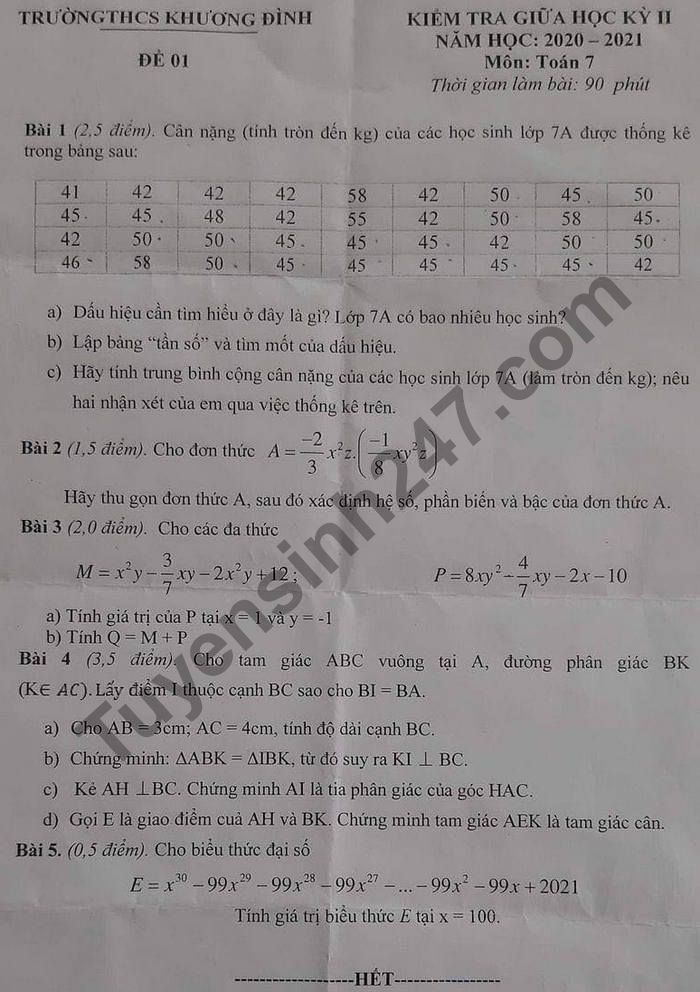 Đề thi giữa học kì 2 năm 2021 môn Toán lớp 7 THCS Khương Đình 