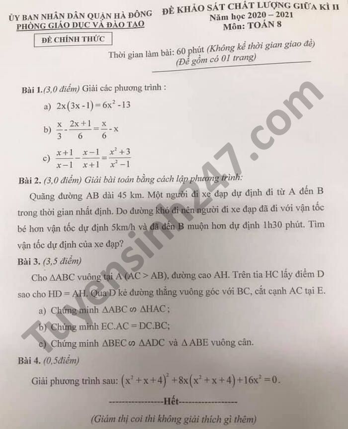 Đề thi giữa kì 2 môn Toán lớp 8 năm 2021 Quận Hà Đông 