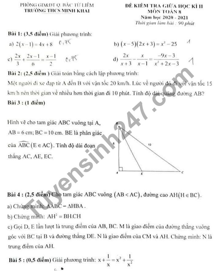 Đề thi giữa kì 2 môn Toán lớp 8 năm 2021 THCS Minh Khai 