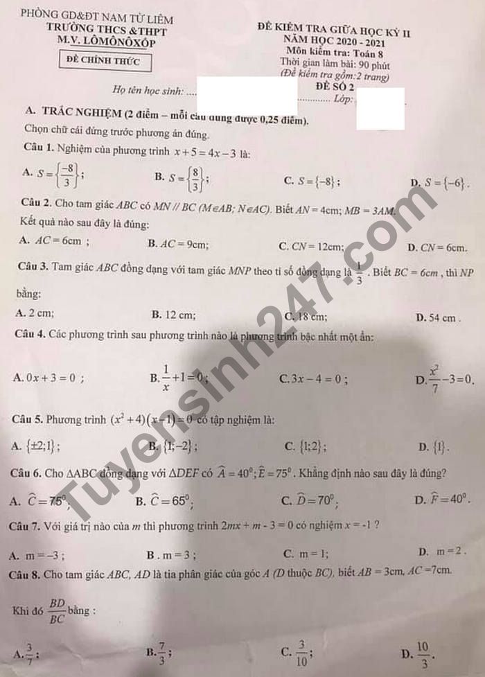 Đề thi giữa kì 2 Toán lớp 8 năm 2021 THCS&THPT M.V.Lômônôxốp