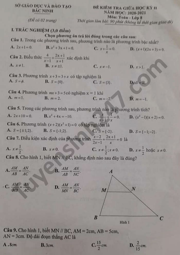 Đề thi giữa kì 2 năm 2021 môn Toán lớp 8 của tỉnh Bắc Ninh