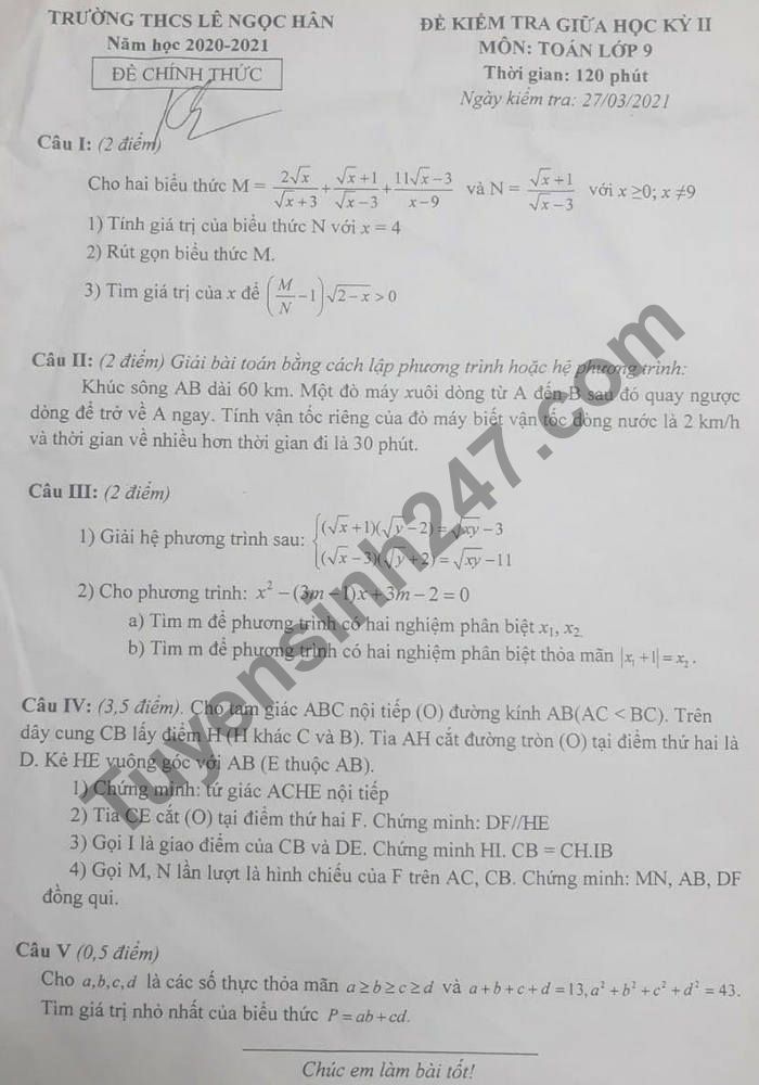 Đề thi giữa kì 2 năm 2021 môn Toán lớp 9 THCS Lê Ngọc Hân