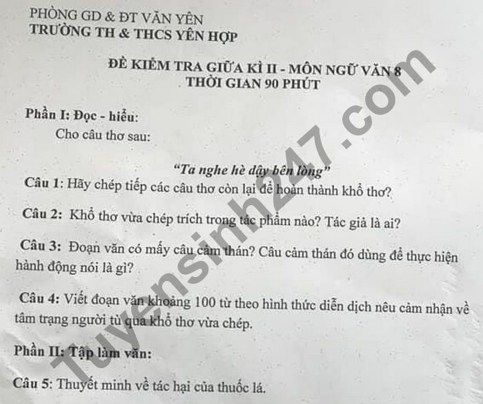 Đề thi giữa kì 2 năm 2021 TH-THCS Yên Hợp môn Văn lớp 8 