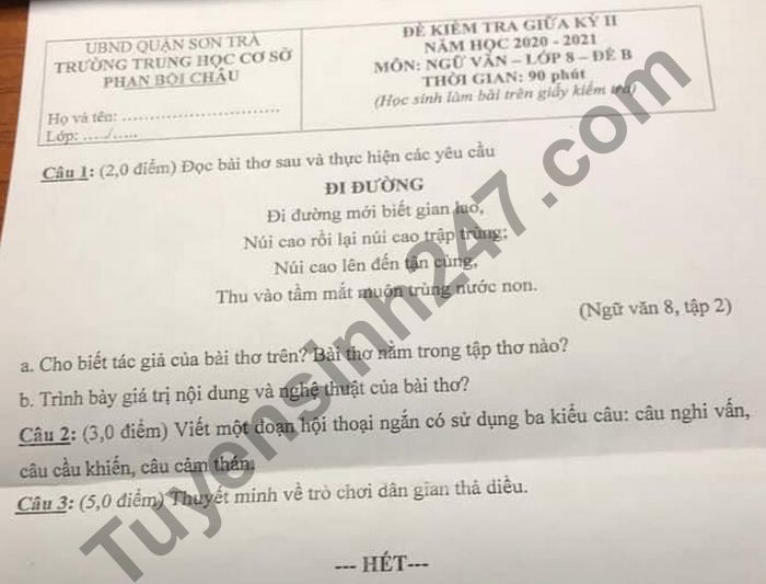 Đề thi giữa học kì 2 THCS Phan Bội Châu môn Văn lớp 8 năm 2021