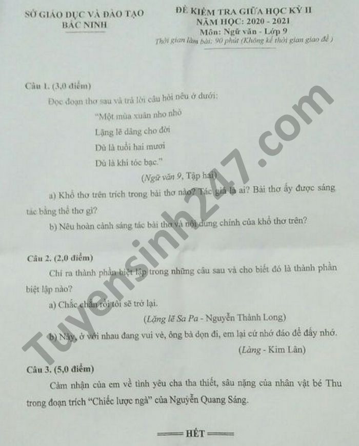 Đề thi giữa kì 2 tỉnh Bắc Ninh năm 2021 môn Văn lớp 9