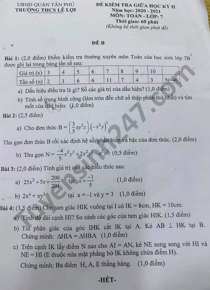 Đề thi giữa kì 2 năm 2021 THCS Lê Lợi môn Toán lớp 7 