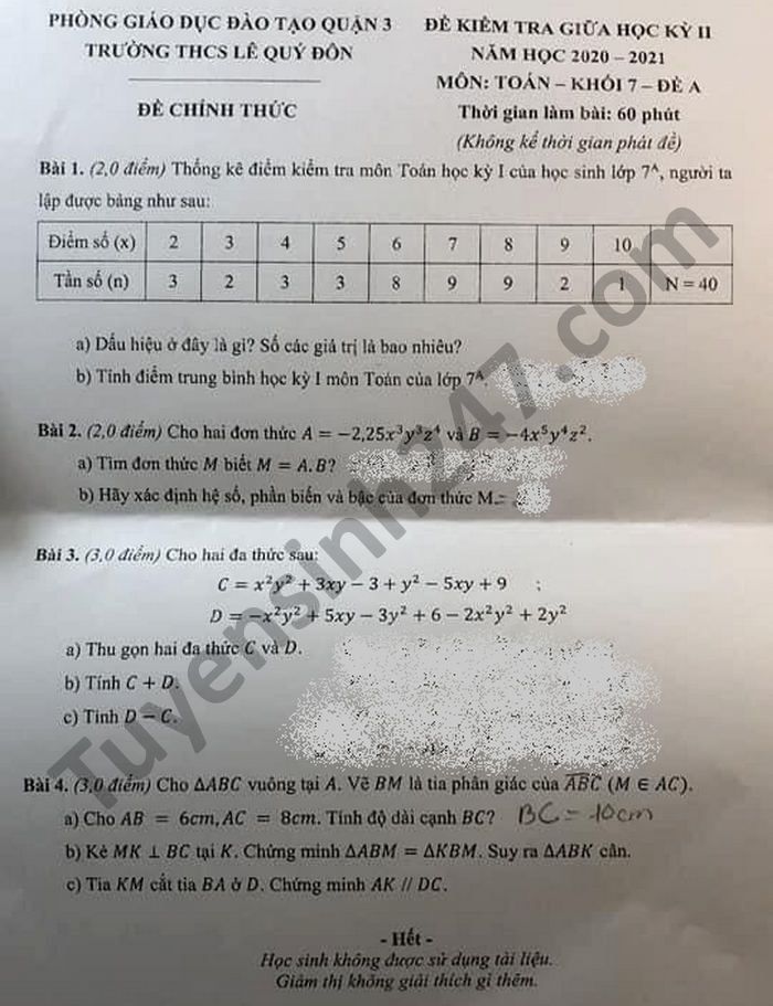 Đề kiểm tra giữa kì 2 môn Toán lớp 7 THCS Lê Quý Đôn năm 2021