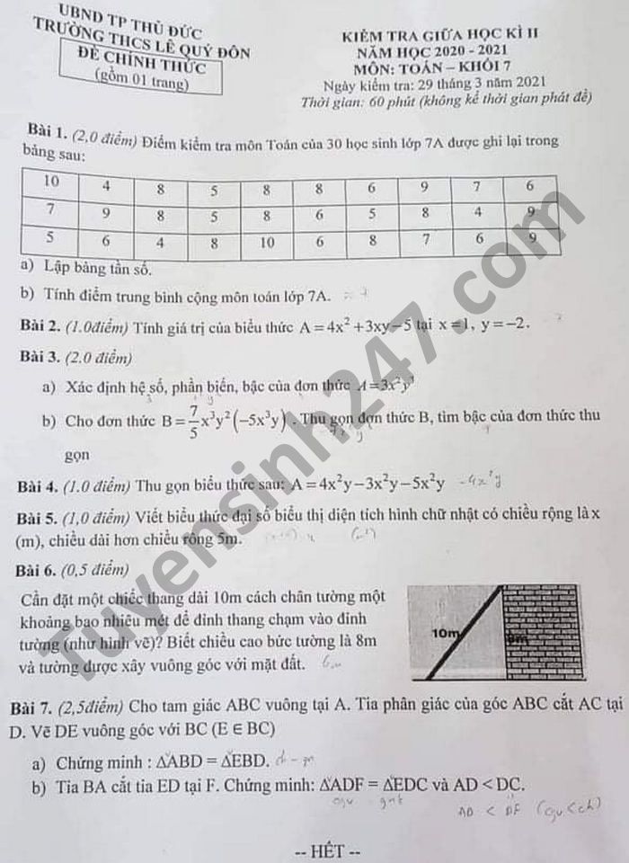 Đề kiểm tra giữa kì 2 môn Toán lớp 7 năm 2021 THCS Lê Quý Đôn 