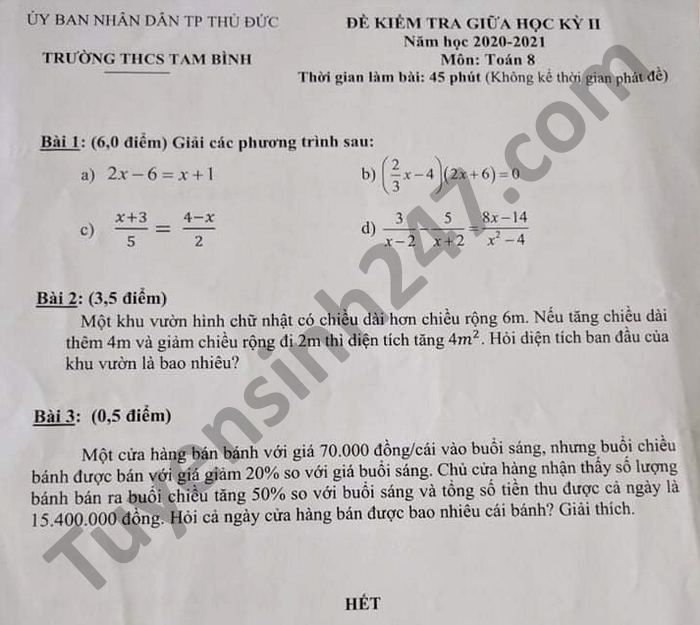 Đề thi giữa học kì 2 THCS Tam Bình năm 2021 môn Toán lớp 8