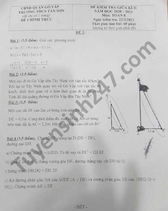 Đề thi giữa kì 2 THCS Tân Sơn năm 2021 môn Toán lớp 8