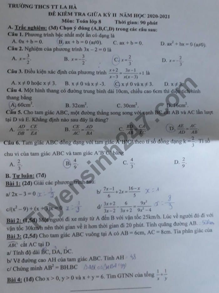 Đề thi giữa kì 2 lớp 8 môn Toán - THCS TT La Hà 2021