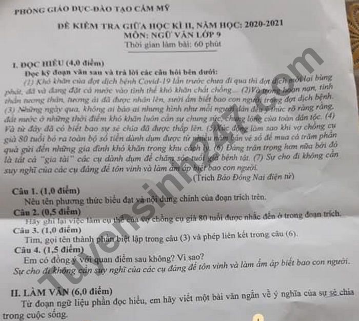 Đề thi giữa kì 2 năm 2021 Phòng GD Cẩm Mỹ lớp 9 môn Văn