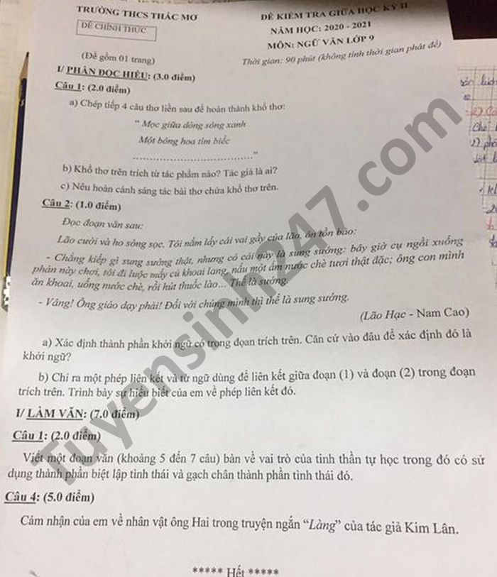 Đề thi giữa kì 2 THCS Thác Mơ môn Văn lớp 9 năm 2021