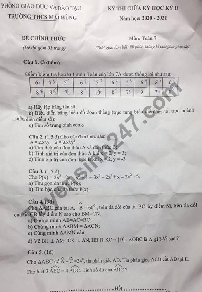 Đề thi giữa học kì 2 năm 2021 Toán lớp 7 - THCS Mai Hùng