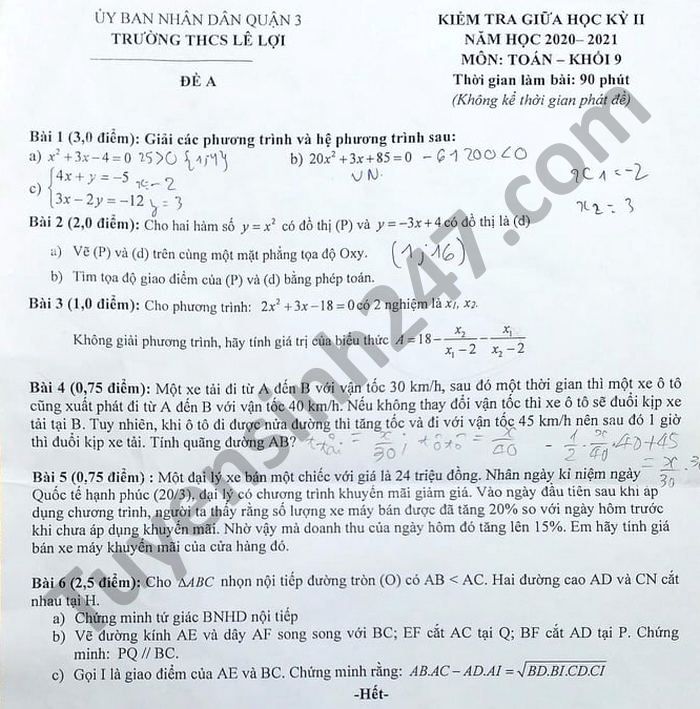 Đề thi giữa học kì 2 THCS Lê Lợi năm 2021 môn Toán lớp 9 