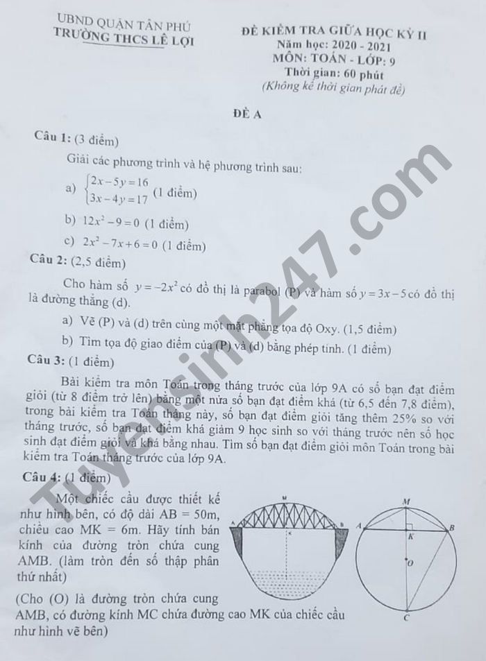 Đề thi giữa kì 2 môn Toán lớp 9 năm 2021 THCS Lê Lợi 