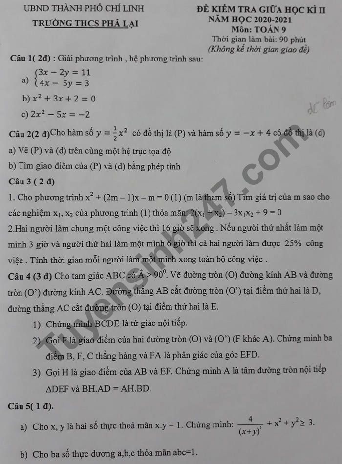 Đề thi giữa kì 2 môn Toán lớp 9 năm 2021 THCS Phả Lại 