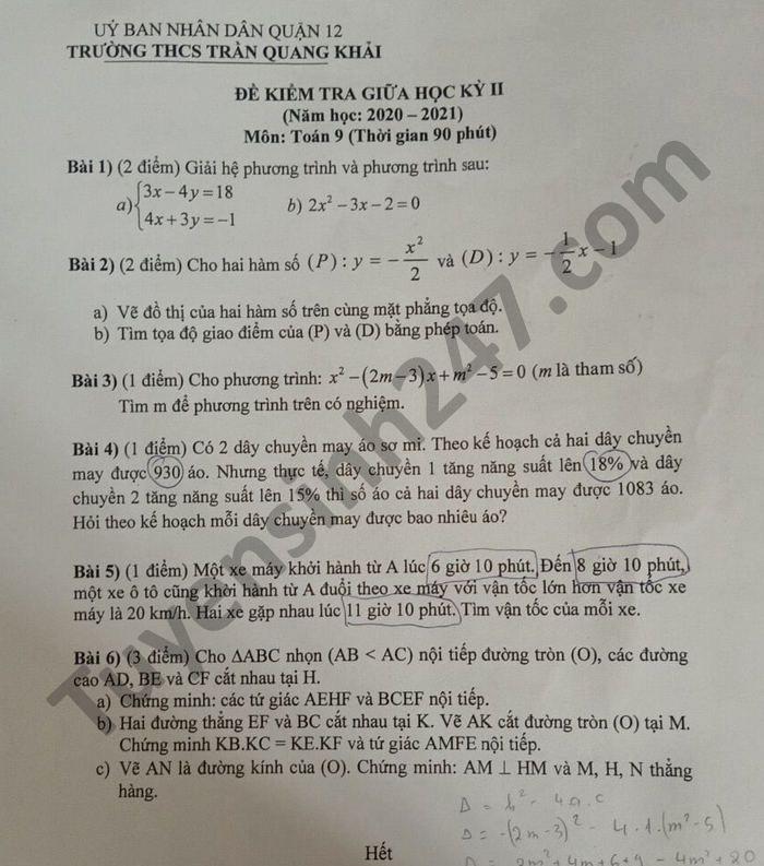 Đề thi giữa kì 2 THCS Trần Quang Khải môn Toán lớp 9 năm 2021 