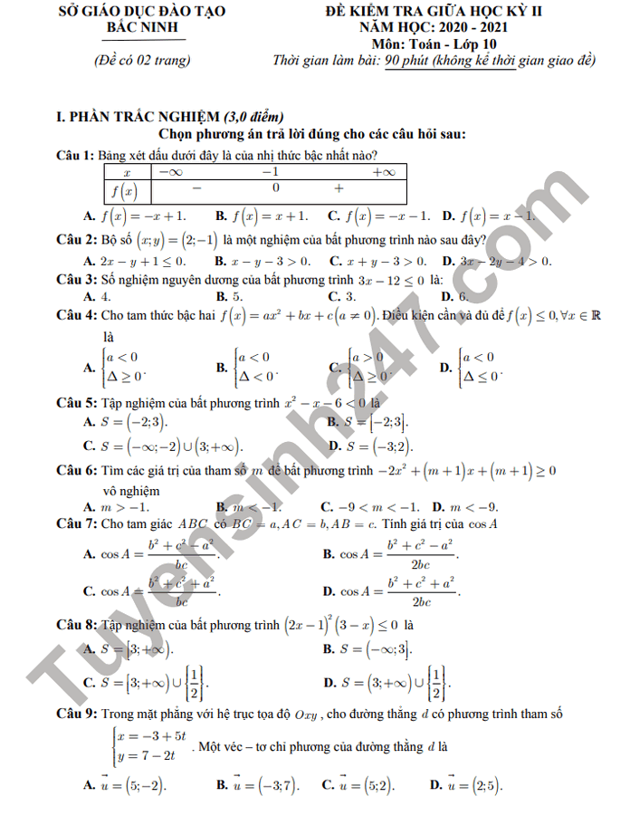 Đề thi giữa kì 2 môn Toán lớp 10 tỉnh Bắc Ninh năm 2021 