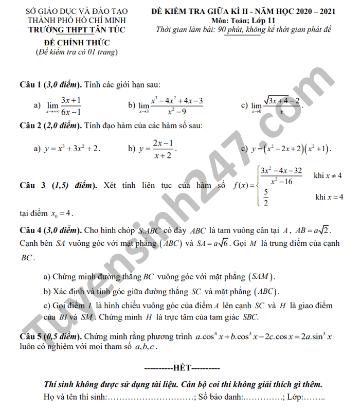 Đề thi giữa kì 2 năm 2021 môn Toán lớp 11 THPT Tân Túc 