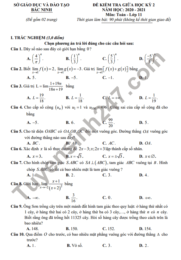 Đề thi giữa kì 2 lớp 11 môn Toán tỉnh Bắc Ninh năm 2021