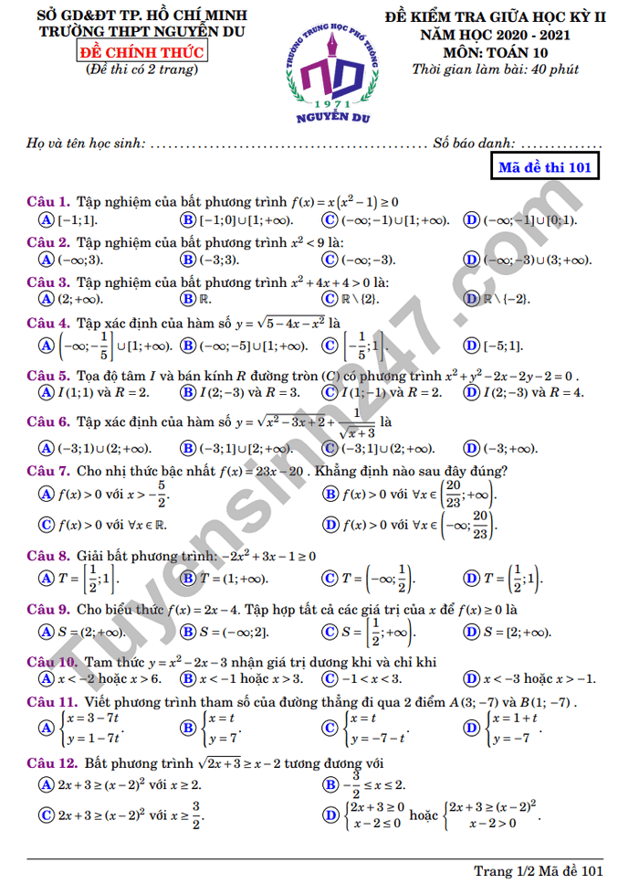 Đề thi giữa kì 2 THPT Nguyễn Du năm 2021 môn Toán lớp 10
