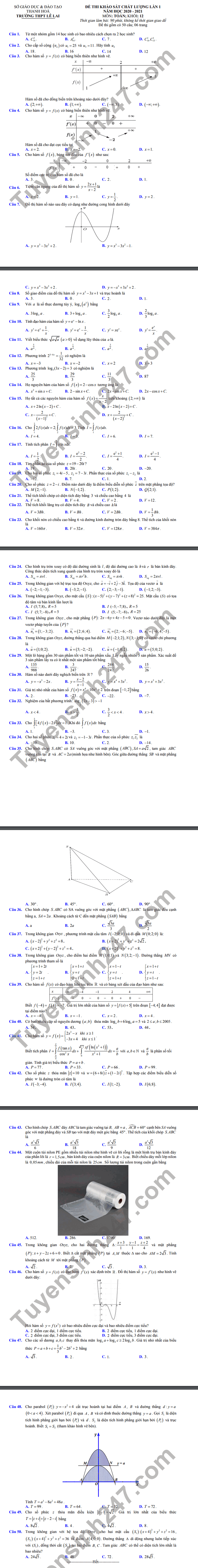 đề Khảo Sat Chất Lượng Năm 21 Lần 1 Thpt Le Lai Toan Lớp 12