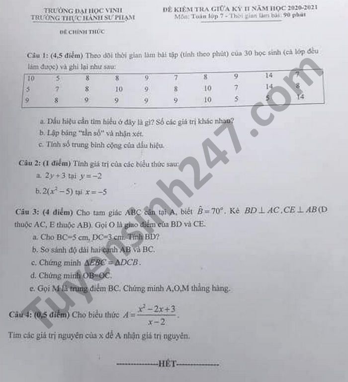 Đề thi giữa kì 2 trường Thực hành Sư Phạm-ĐH Vinh Toán lớp 7 năm 2021