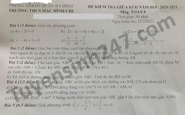 Đề thi giữa kì 2 môn Toán lớp 8 năm 2021 THCS Mạc Đĩnh Chi