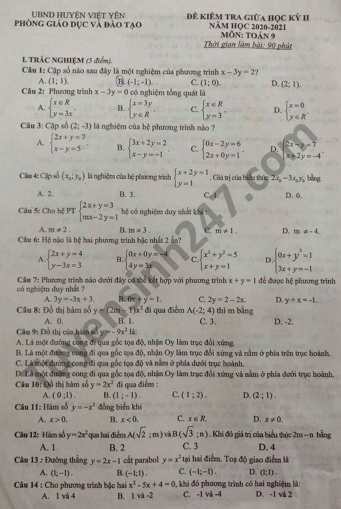 Đề thi giữa học kì 2 huyện Việt Yên năm 2021 môn Toán lớp 9 