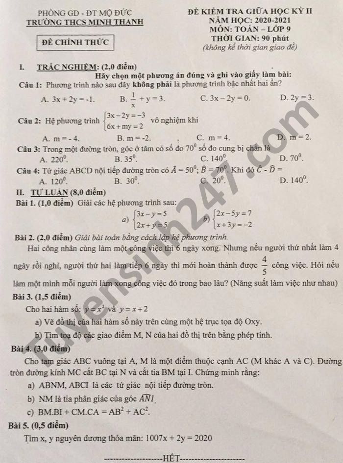 Đề thi giữa kì 2 môn Toán lớp 9 năm 2021 THCS Minh Thạnh 