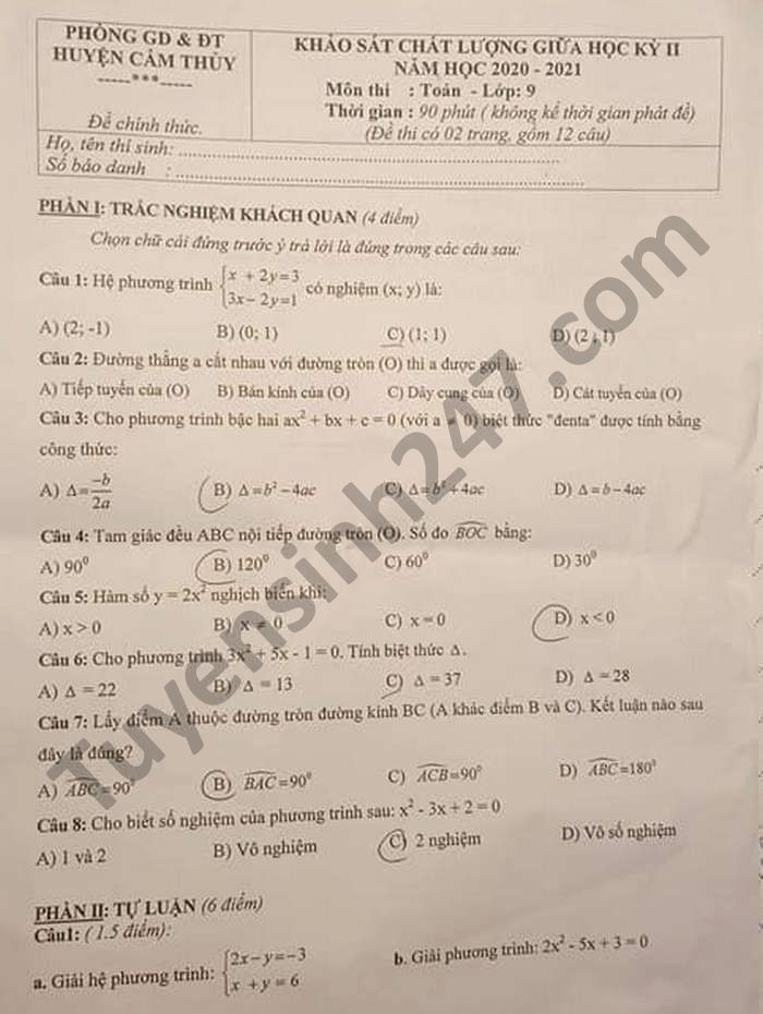 Đề thi giữa học kì 2 năm 2021 huyện Cẩm Thủy môn Toán lớp 9