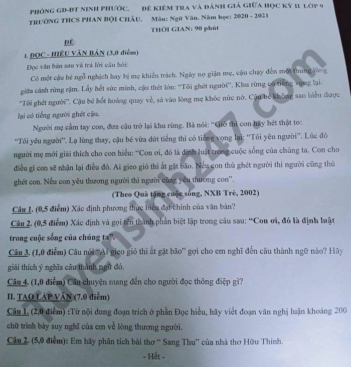 Đề thi giữa kì 2 THCS Phan Bội Châu năm 2021 môn Văn lớp 9 