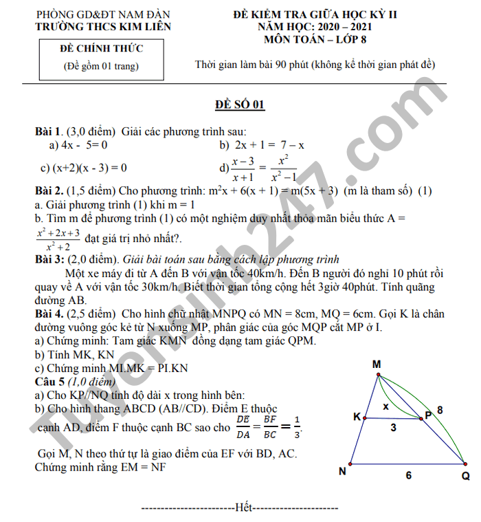 Đề thi giữa kì 2 THCS Kim Liên năm 2021 môn Toán lớp 8