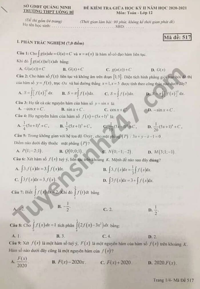 Đề thi giữa kì 2 THPT Uông Bí năm 2021 môn Toán lớp 12