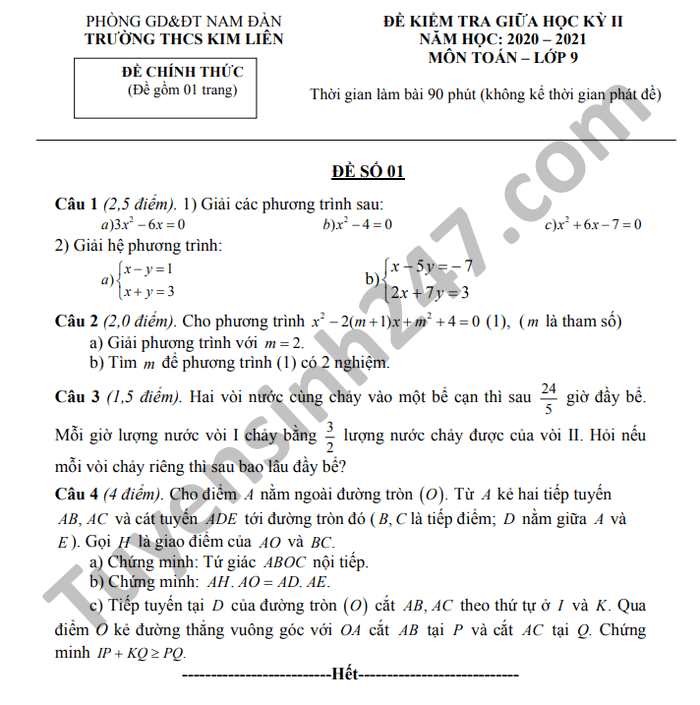 Đề thi giữa kì 2 THCS Kim Liên năm 2021 môn Toán lớp 9