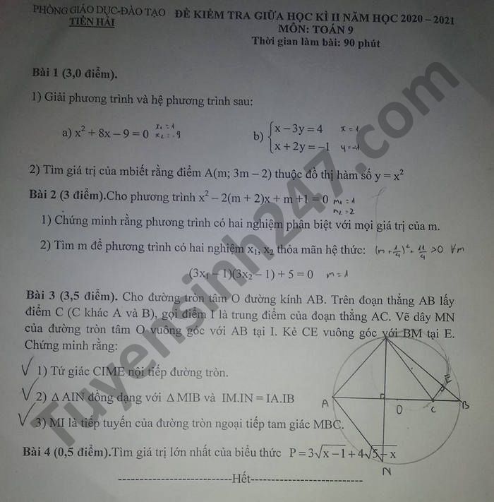 Đề kiểm tra giữa kì 2 Phòng GD Tiền Hải môn Toán lớp 9 năm 2021