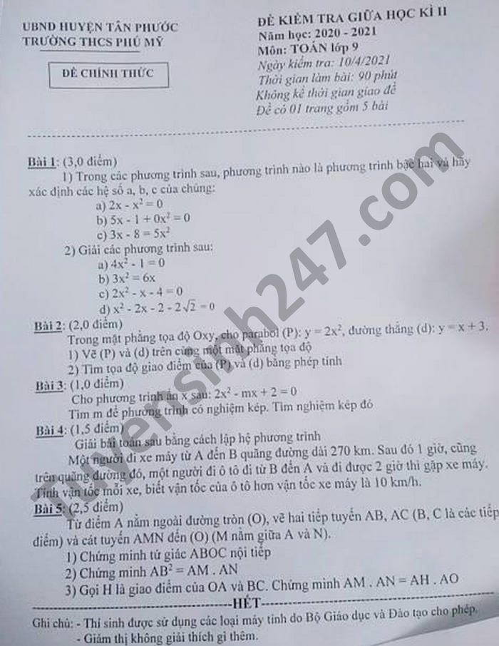 Đề thi giữa kì 2 năm 2021 môn Toán lớp 9 THCS Phú Mỹ