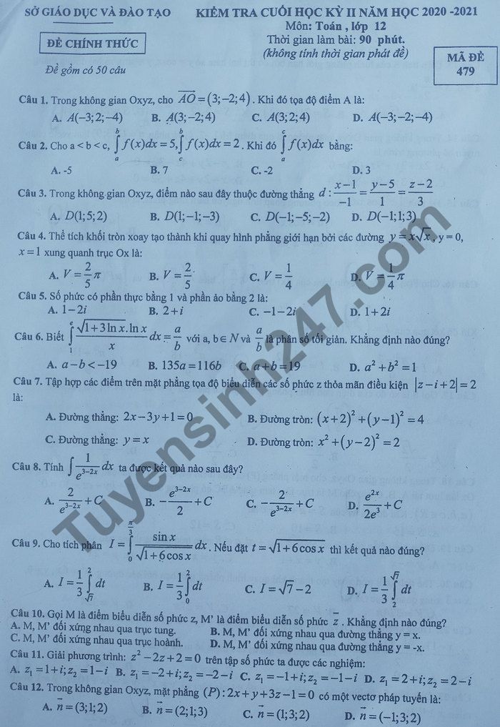 Đề thi học kì 2 năm 2021 Toán lớp 12 - Sở GD Bình Dương