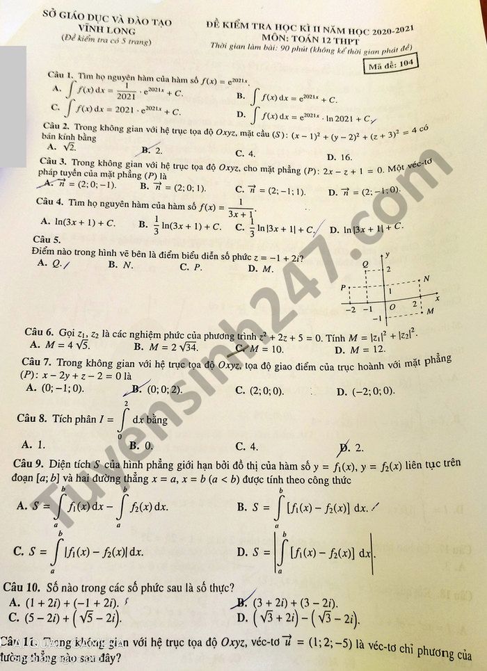 Đề thi học kì 2 tỉnh Vĩnh Long năm 2021 môn Toán lớp 12